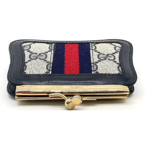 Auth Gucci GG Canvas Navy Blue Sherry Line Coin Case /Wallet W/Box - Picture 4 of 15